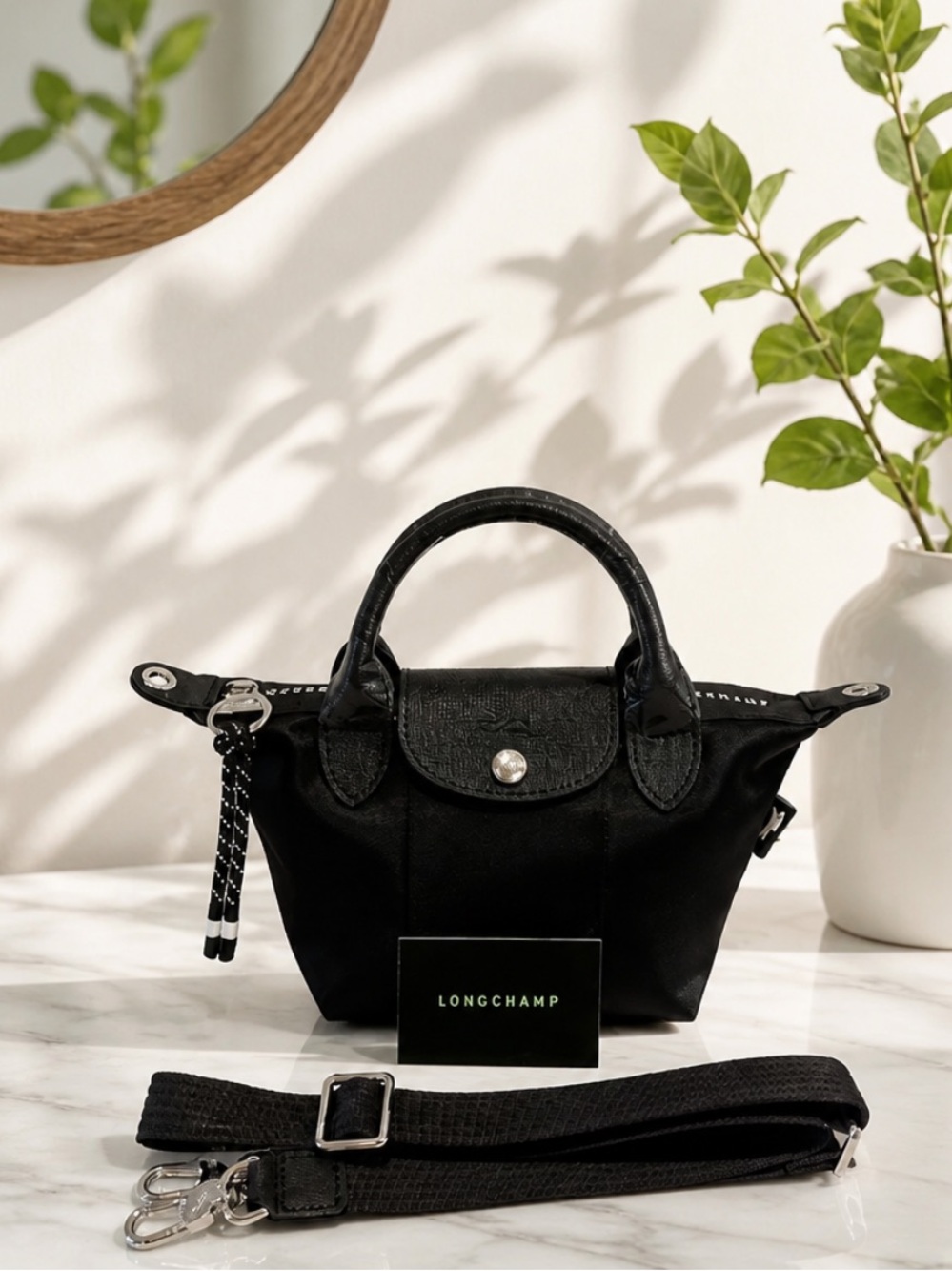 NWOT Longchamp Le Pliage Energy XS Top-Handle Mini Bag in Black Leather Trim.